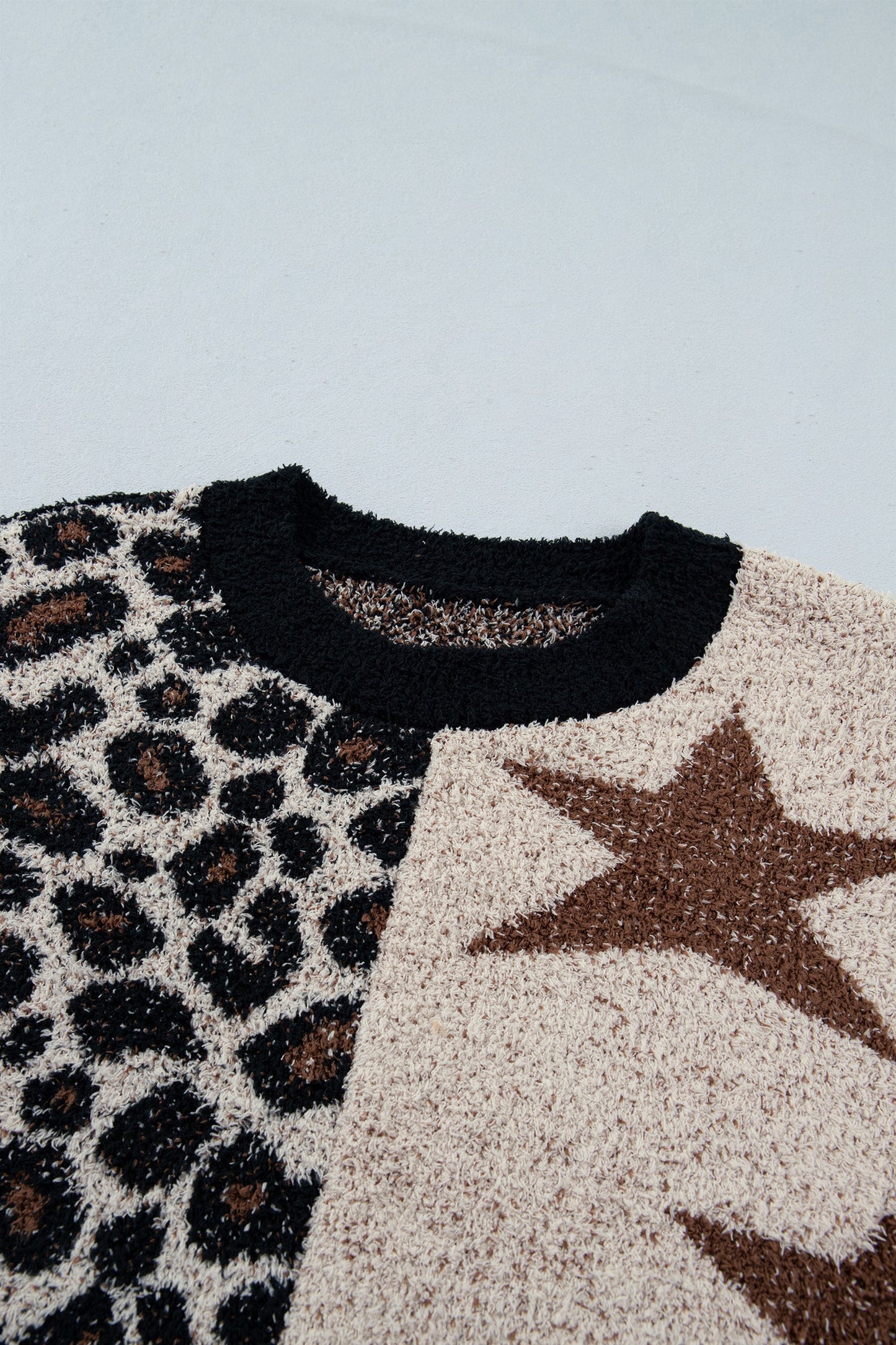 Smoke Gray Leopard Star Patchwork Round Neck Fuzzy Sweater with leopard print and patchwork detail women's boutique fashion