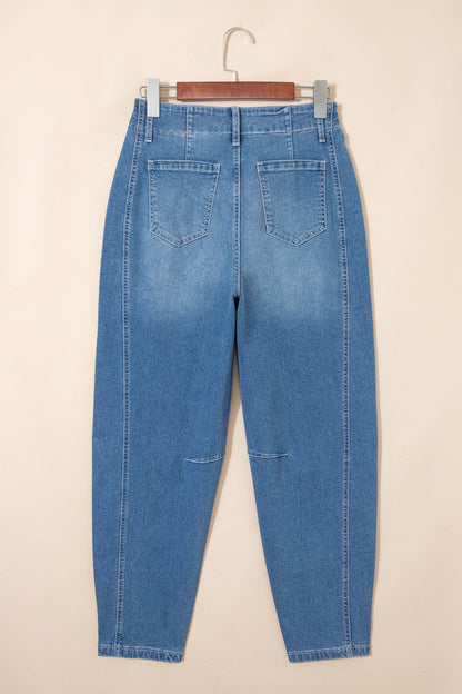 Sky Blue medium wash high waist barrel leg jeans with medium wash denim, high waist and relaxed barrel-leg silhouette, women’s boutique fashion