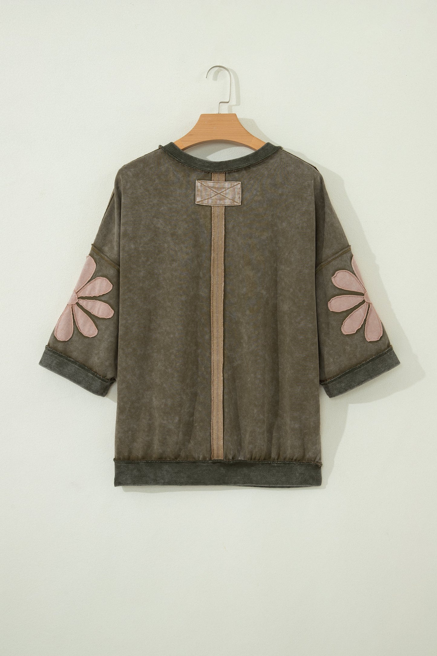 floral patchwork mineral wash exposed seam top in green tone for women