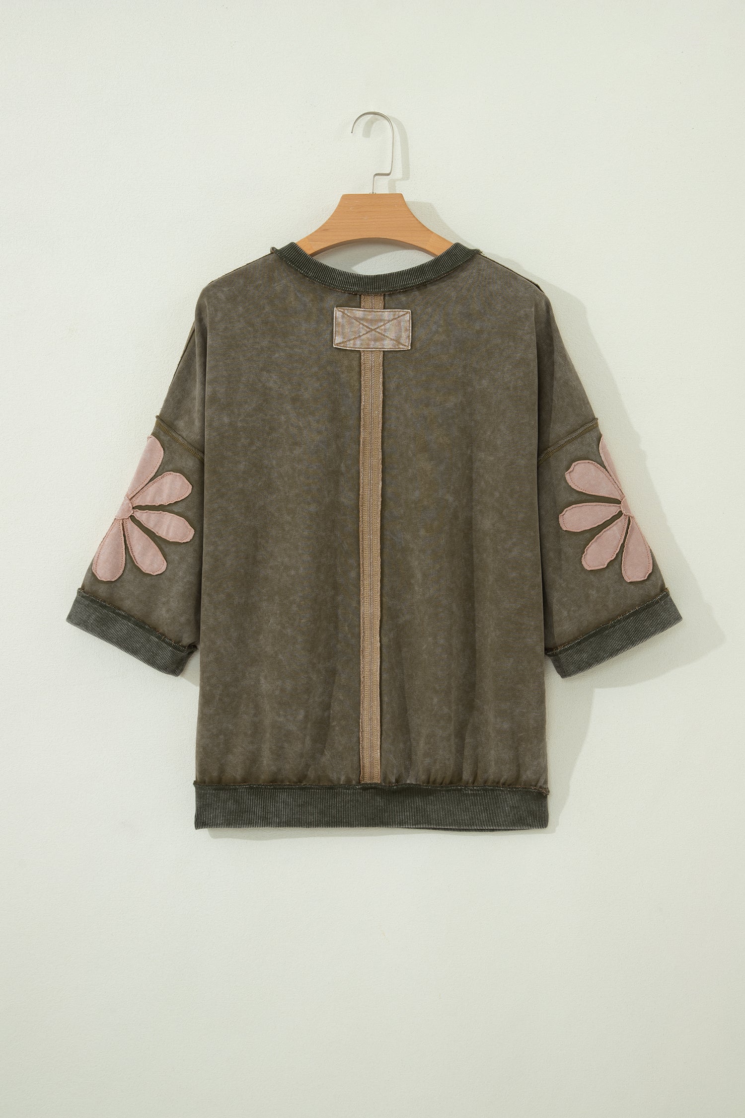 floral patchwork mineral wash exposed seam top in green tone for women