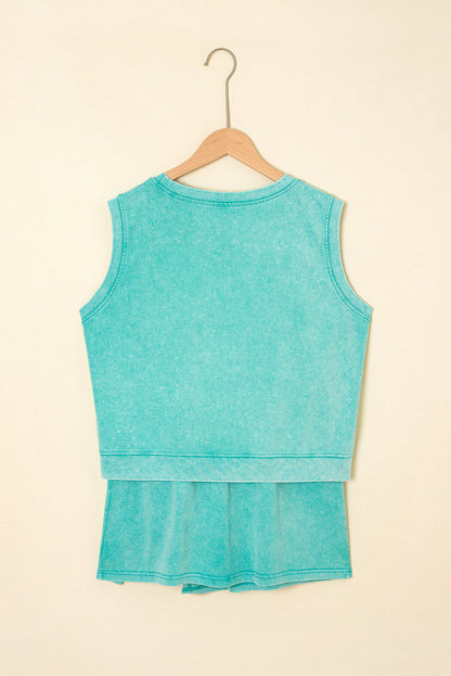 Mint Green Mineral wash tank top and lined skort set with soft washed color, comfortable fit, and sporty boutique summer style