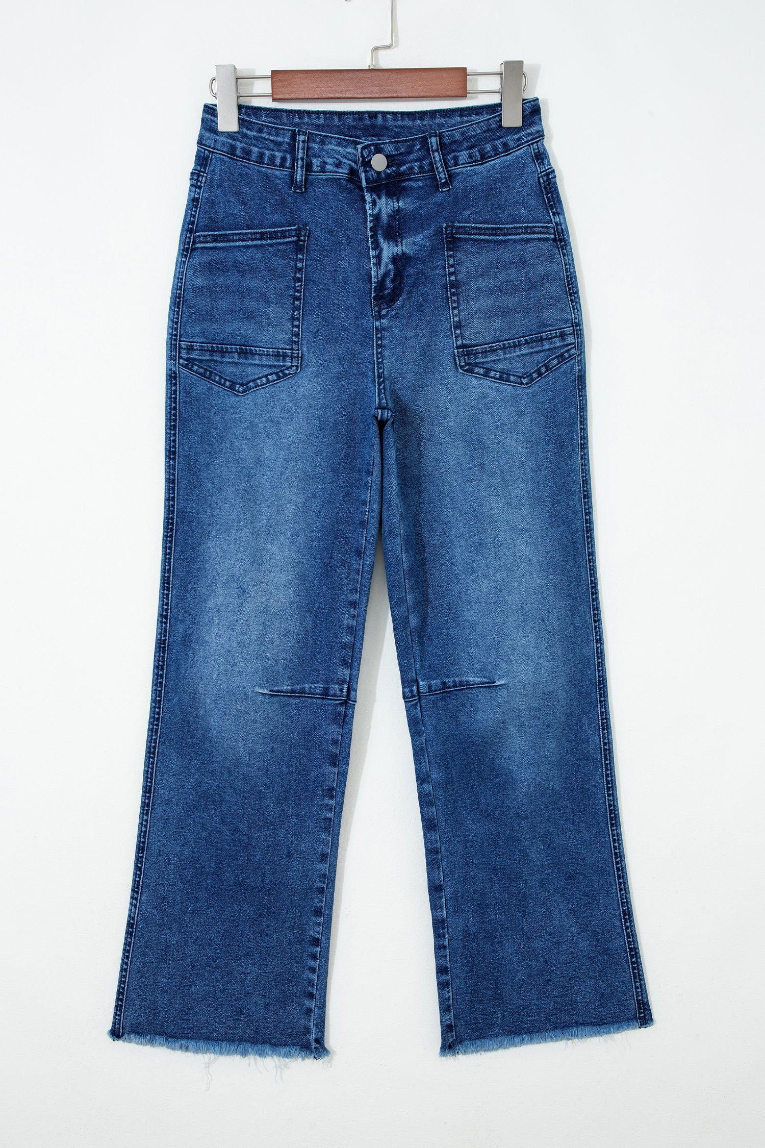 sail blue denim frayed hem cropped straight leg jeans for women