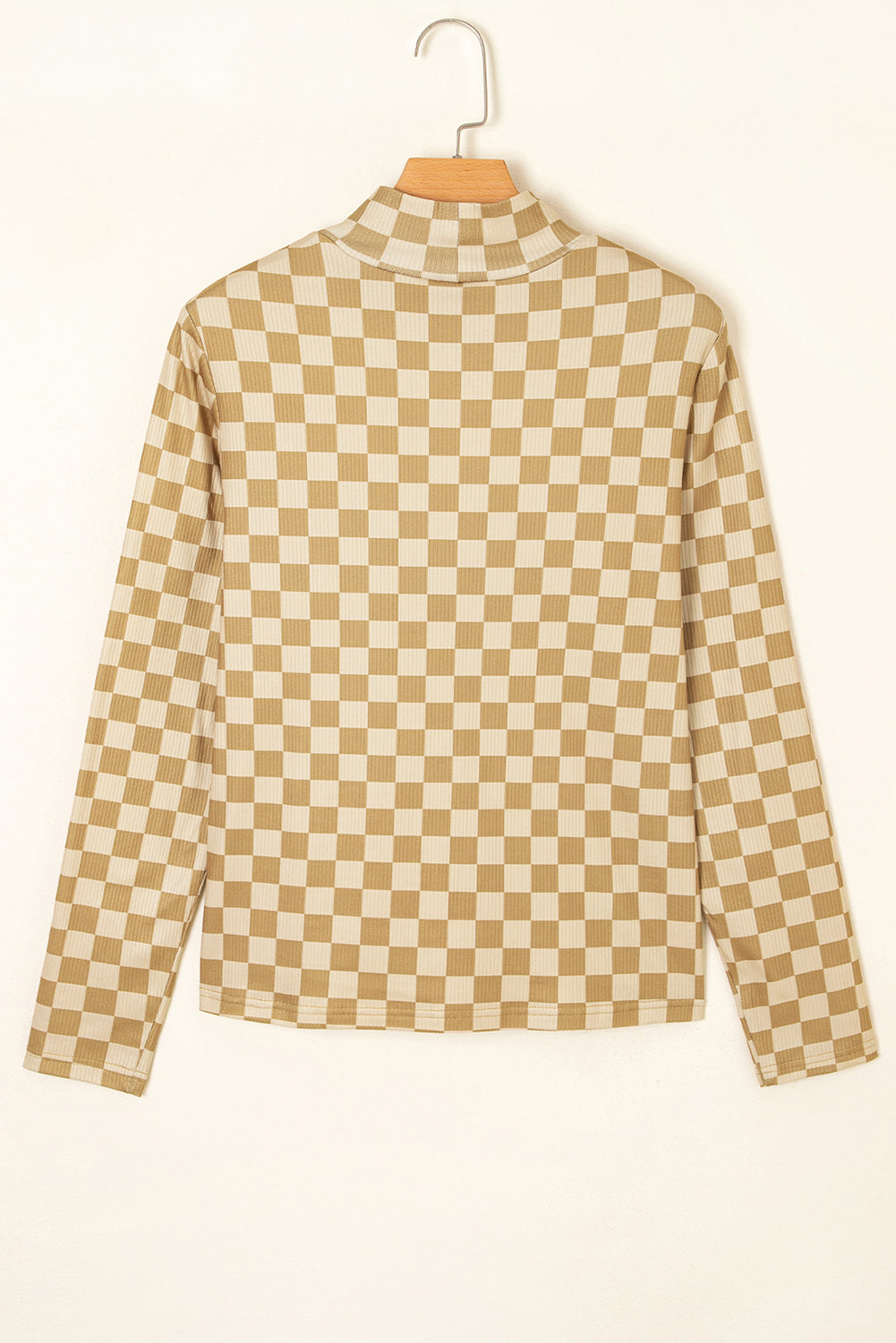 Khaki checker ribbed knit turtleneck long sleeve top with fitted boutique style