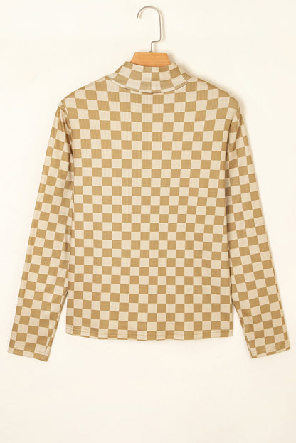 Khaki checker ribbed knit turtleneck long sleeve top with fitted boutique style