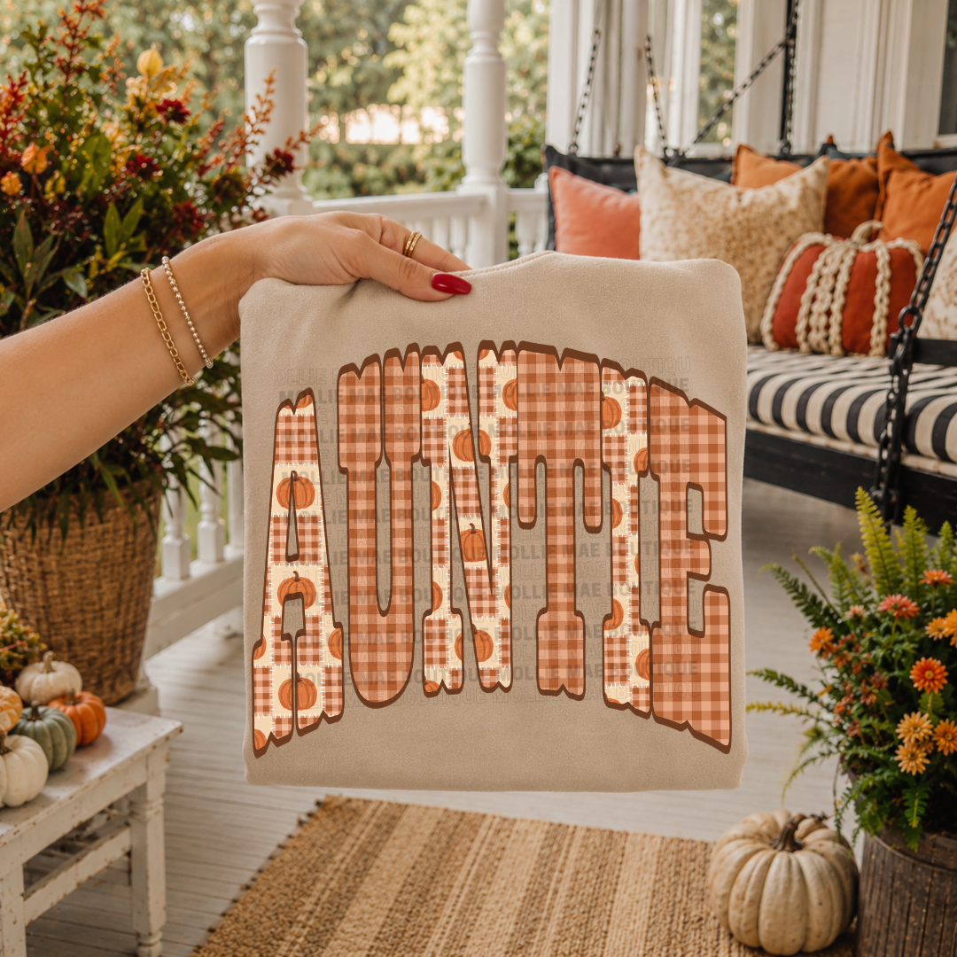 AUNTIE Plaid Pumpkin Fall Graphic Tee or Crewneck Sweatshirt
