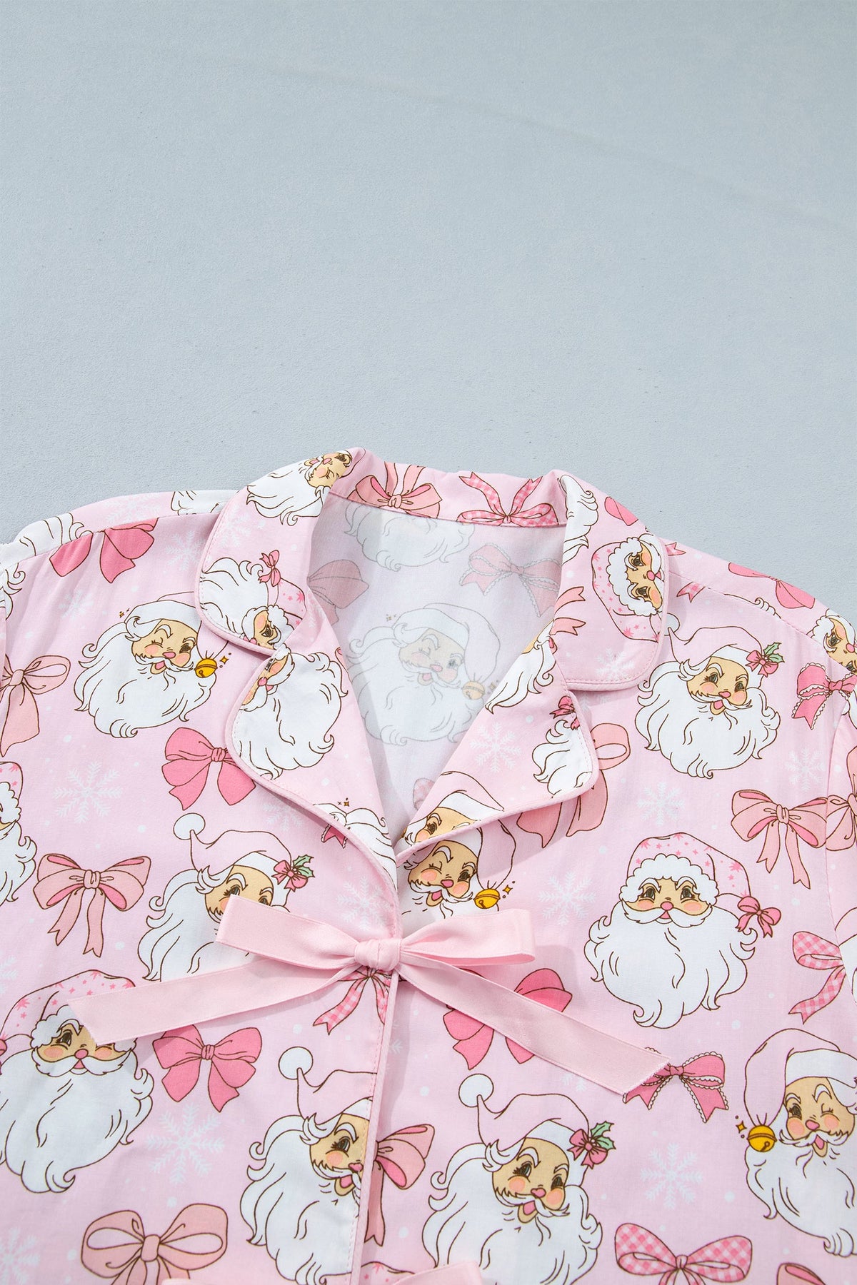 pink Santa and bow print collared top and shorts boutique pajama set