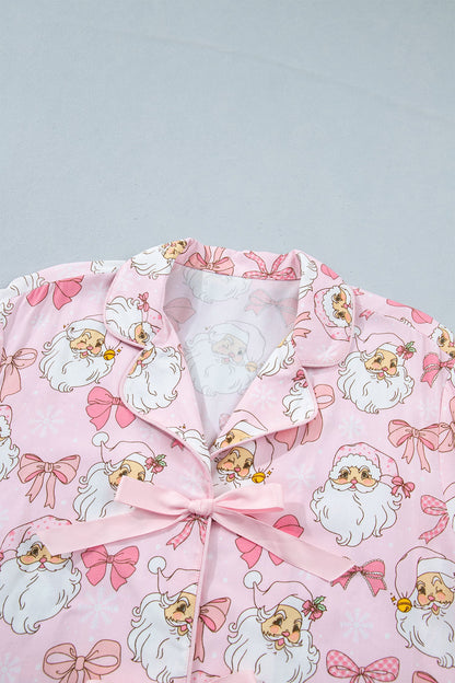 pink Santa and bow print collared top and shorts boutique pajama set
