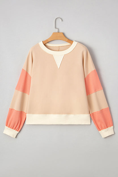 Light French Beige Colorblock Waffle Knit Patchwork Sweatshirt featuring boutique-style details and relaxed everyday fit