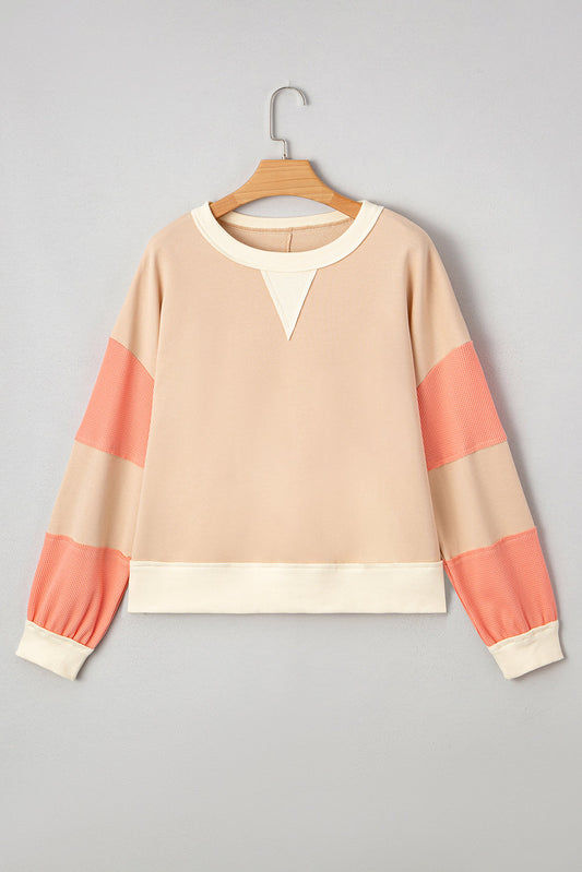 Light French Beige Colorblock Waffle Knit Patchwork Sweatshirt featuring boutique-style details and relaxed everyday fit