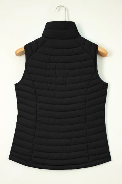 black plush stand collar zip-up puffer vest boutique outerwear