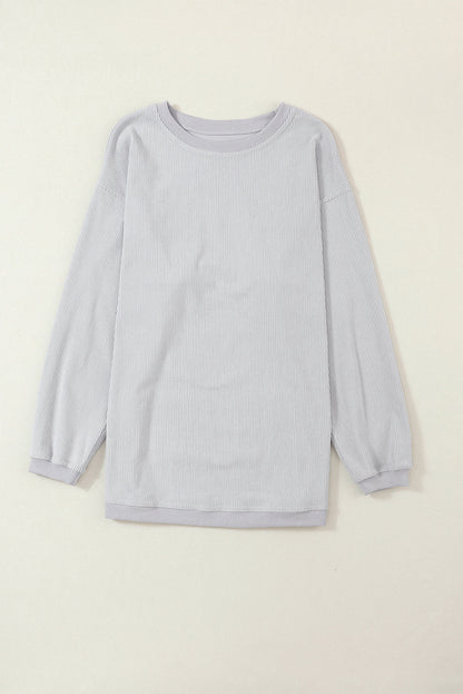 White ribbed corduroy oversized long sleeve sweatshirt with cozy boutique styling