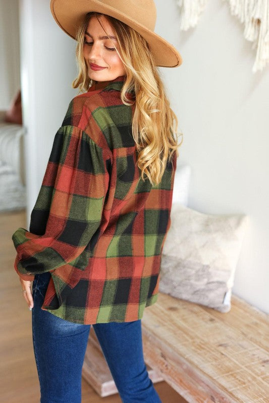 Haptics Olive & Rust Button Down Oversized Shirt