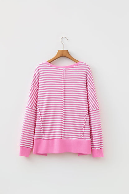 Pink Stripe pink stripe textured knit split hem sweater with boutique fashion styling