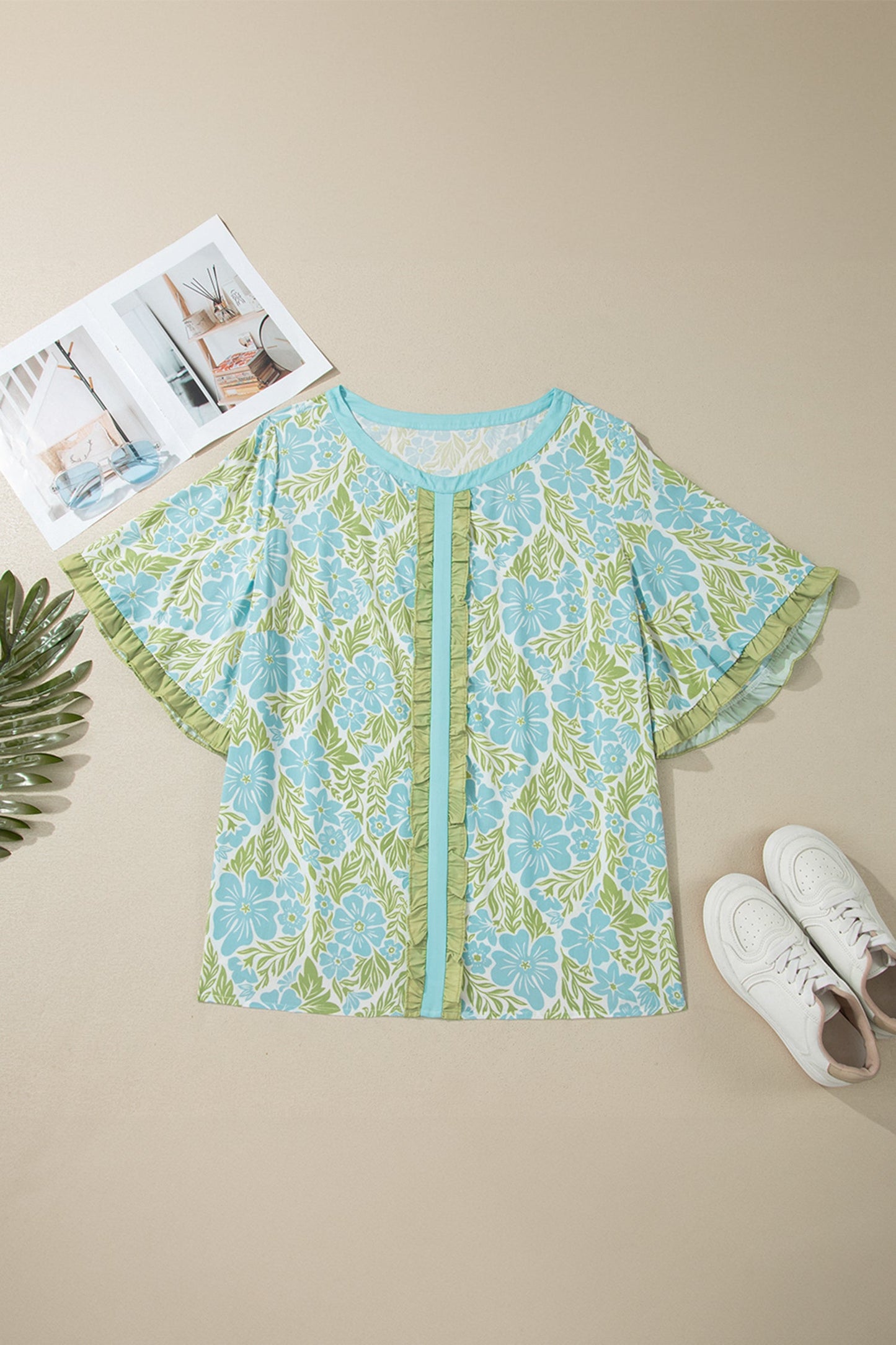 plus size sky blue floral frilled colorblock trim blouse for women