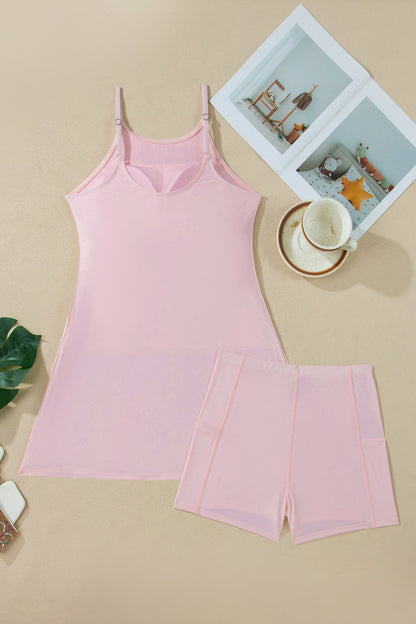 Pink Tunic tank dress and shorts athletic set with adjustable straps, pockets, and comfortable boutique activewear style