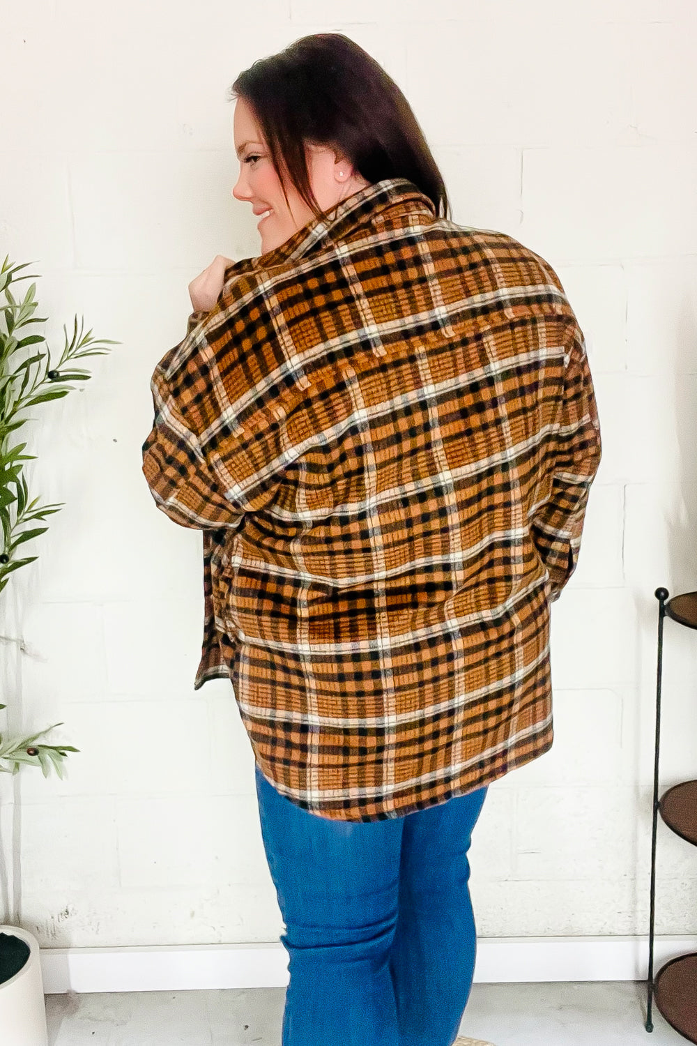 Haptics Rust Plaid & Animal Print Button Down Jacket