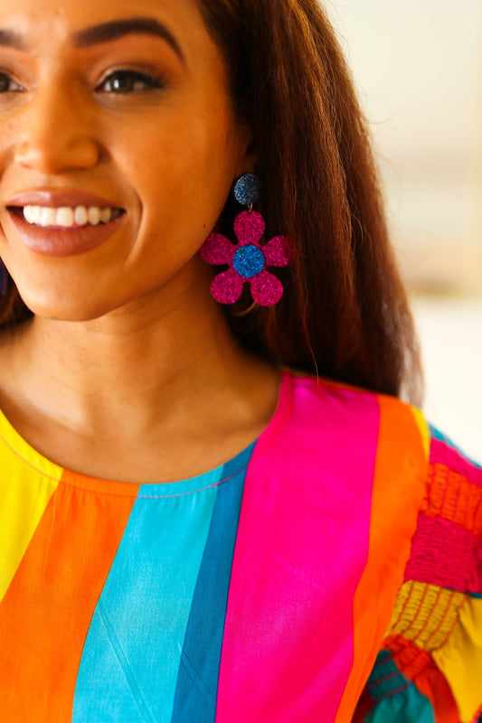 Jane Claire Blue & Magenta Glitter Mod Daisy Earrings