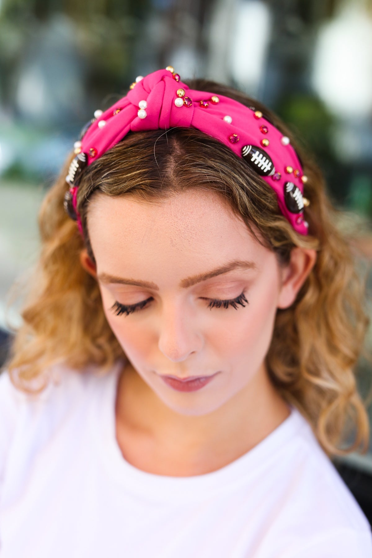 Jane Ruth Fuchsia Stone & Gem Football Embellished Top Knot Headband