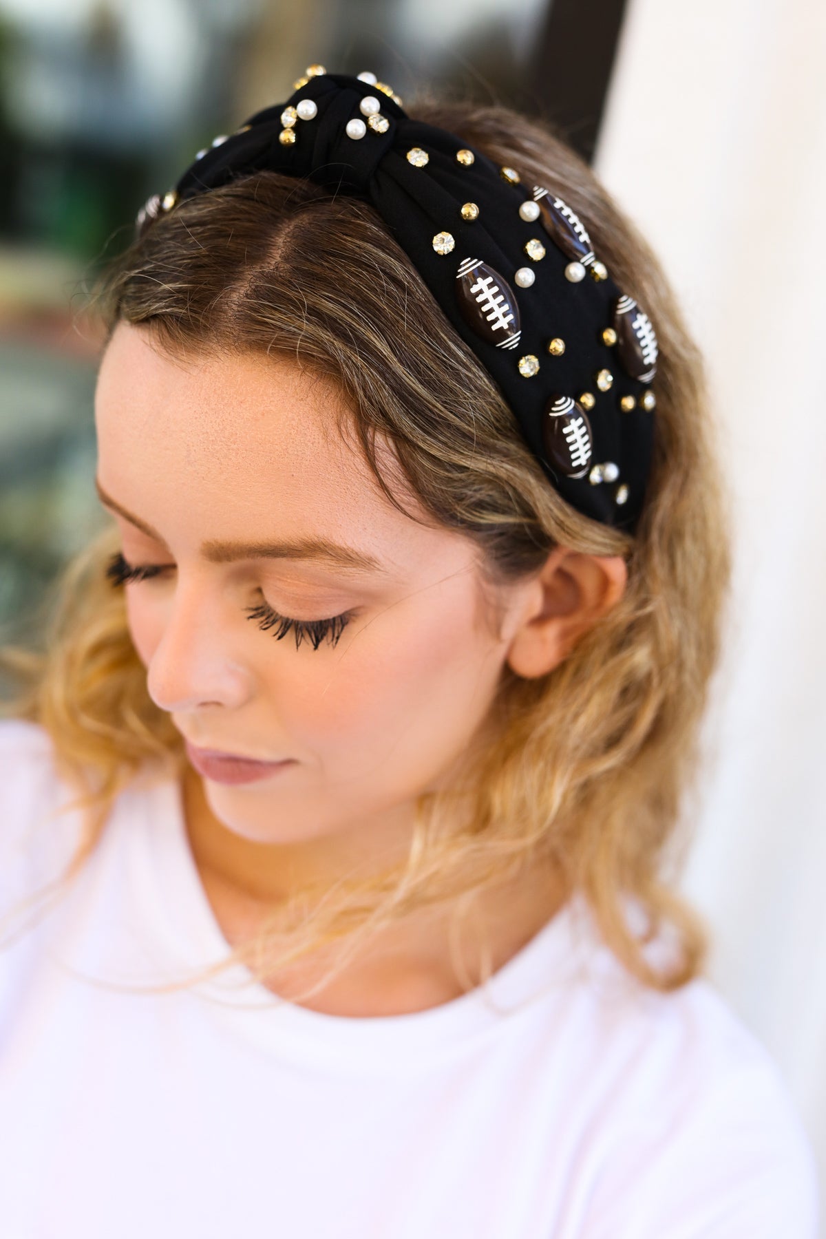 Jane Ruth Black Stone & Gem Football Embellished Top Knot Headband