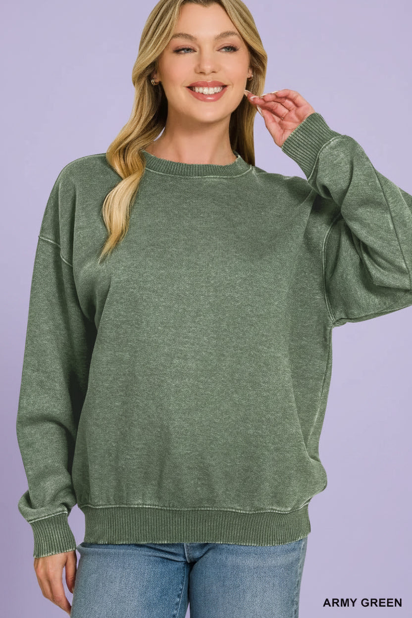 Army green acid-wash fleece crewneck sweatshirt with relaxed fit