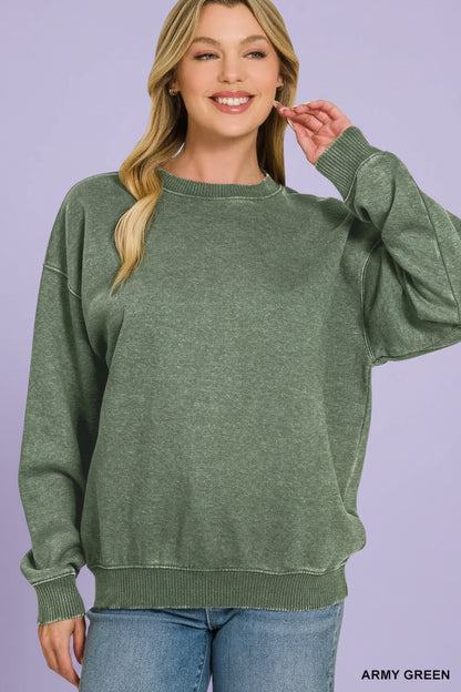 Army green acid-wash fleece crewneck sweatshirt with relaxed fit