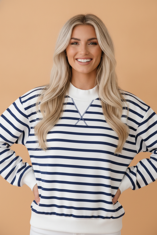 Blue Stripe Ribbed Trim Stand Neck Sweatshirt featuring boutique-style details and relaxed everyday fit