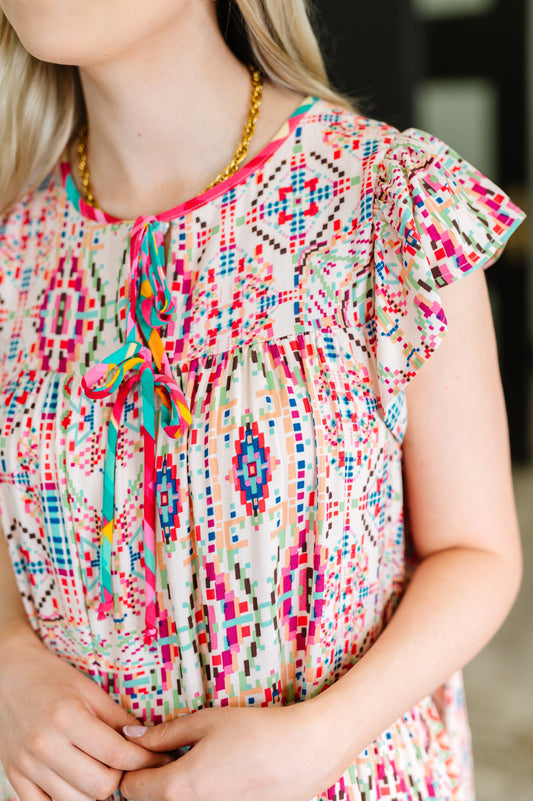 Boho and Behold Flutter Sleeve Dress in Blush/Fuchsia/Mint boutique clothing from Mollie Mae Boutique