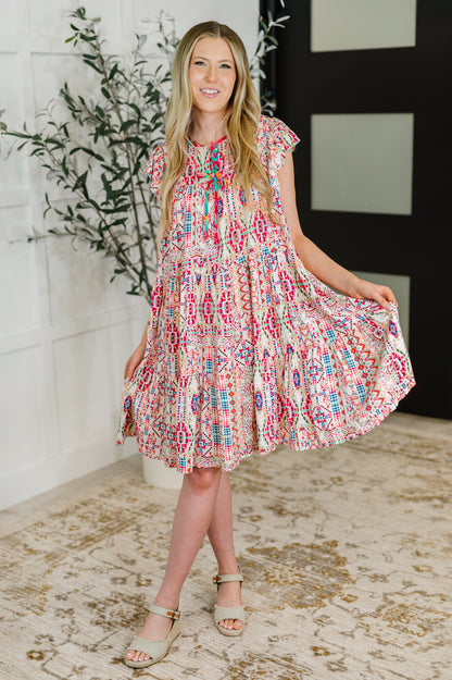 Boho and Behold Flutter Sleeve Dress in Blush/Fuchsia/Mint boutique clothing from Mollie Mae Boutique