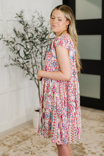 Boho and Behold Flutter Sleeve Dress in Blush/Fuchsia/Mint boutique clothing from Mollie Mae Boutique