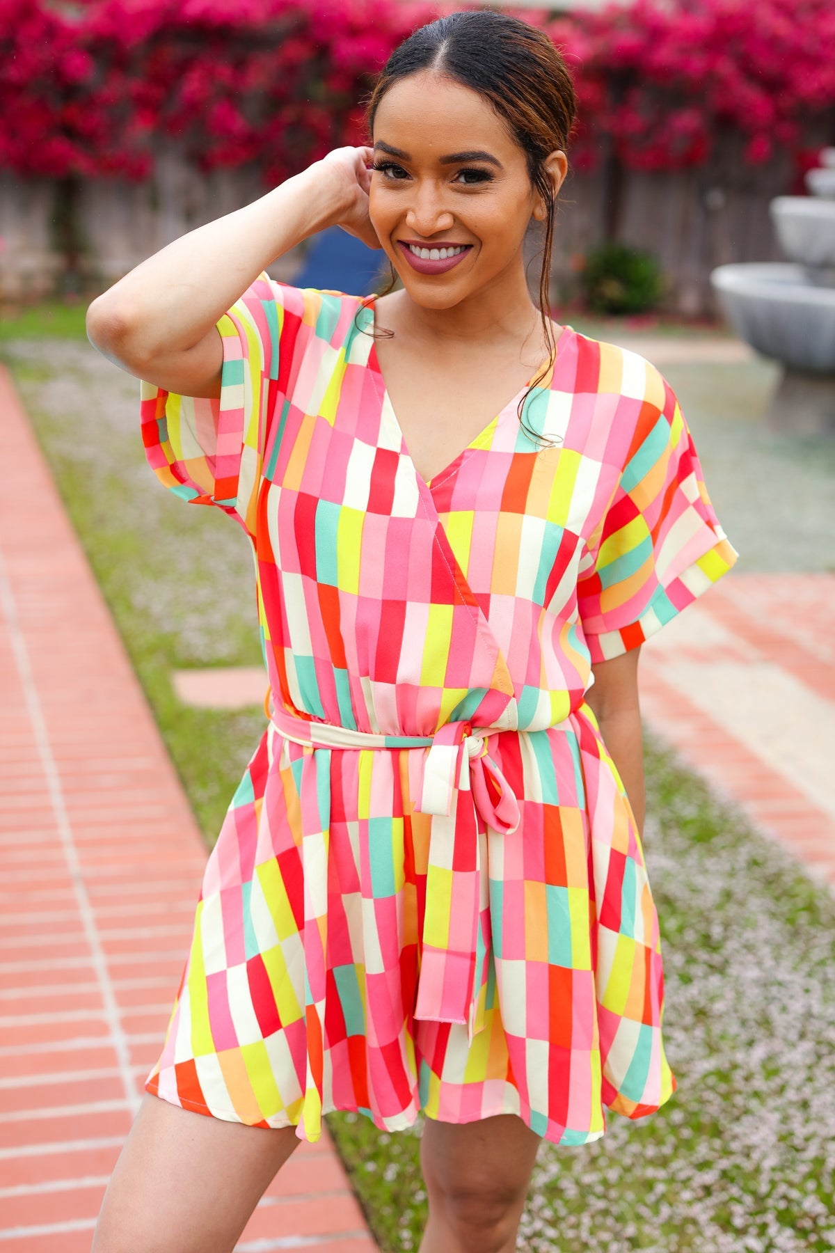 HAPTICS Coral & Yellow Geo Abstract Surplice Woven Romper