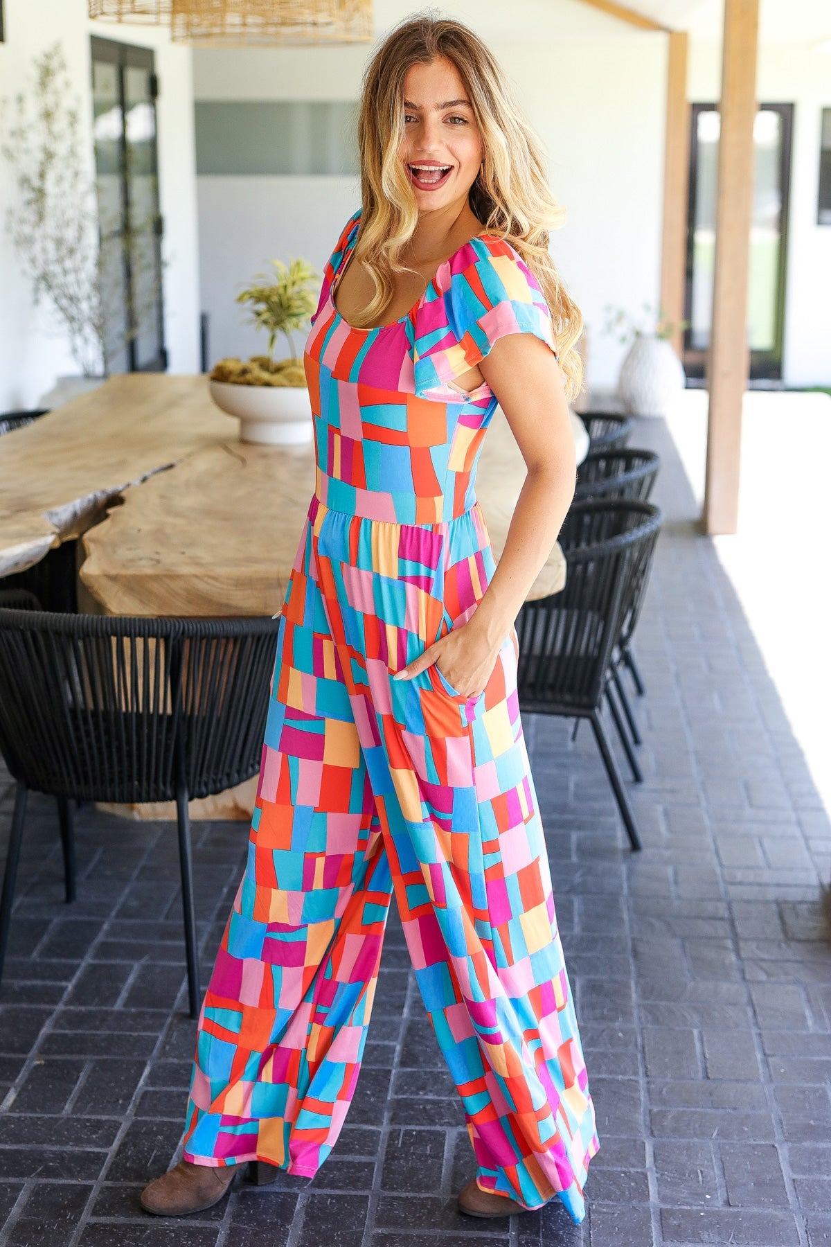 Haptics Scarlet & Aqua Geometric Print Wide Leg Jumpsuit