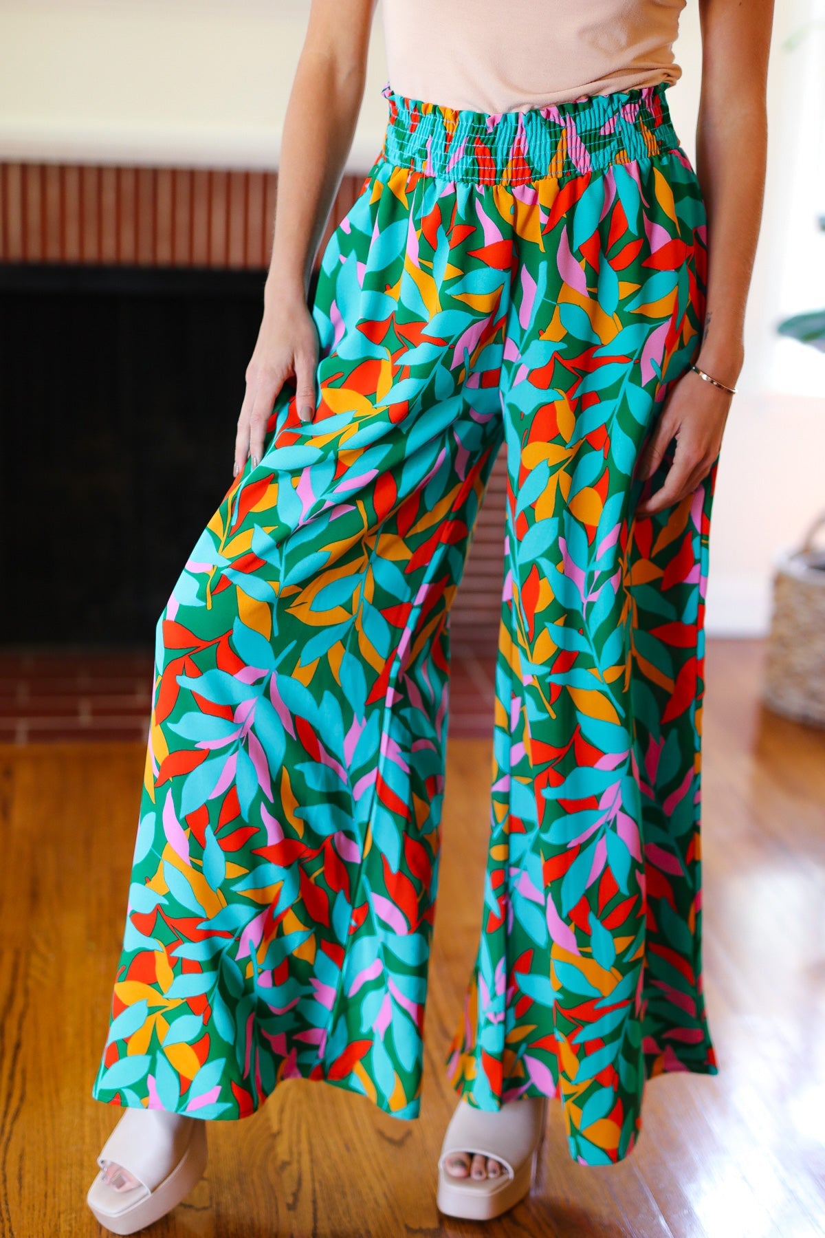 Haptics Green & Orange Abstract Print Smocked Palazzo Pants