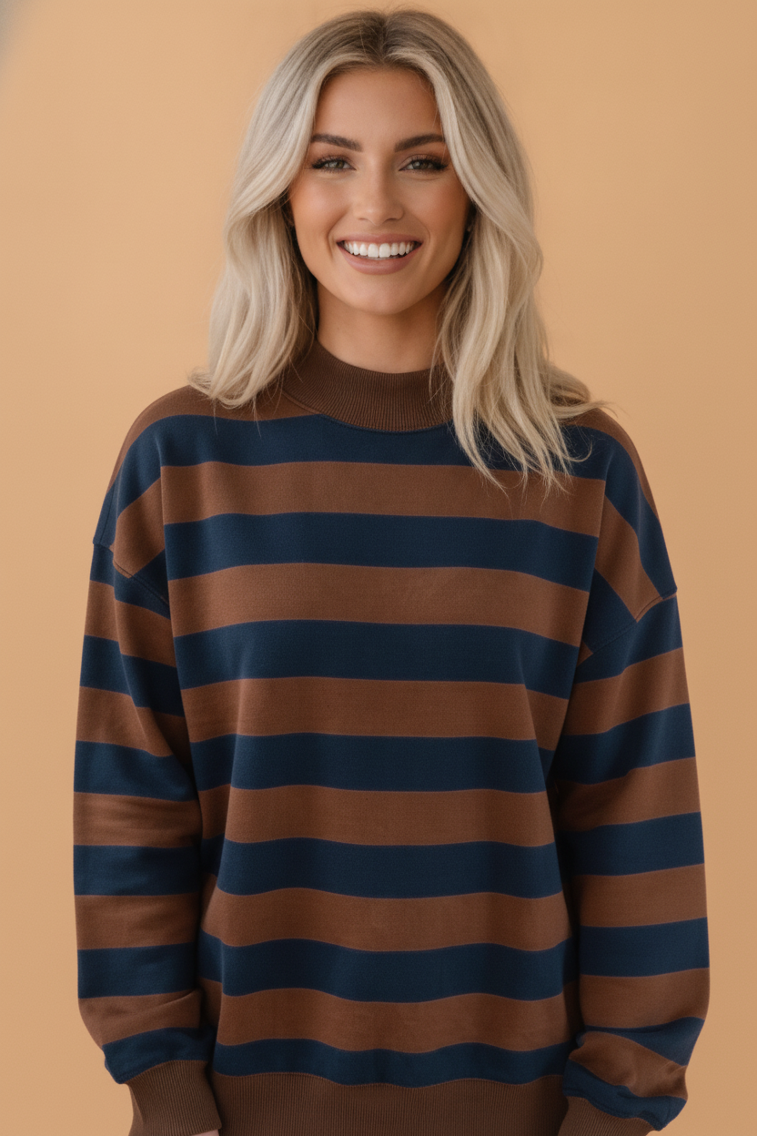 Brown stripe colorblock mock neck sweatshirt with ribbed trim and relaxed boutique fit