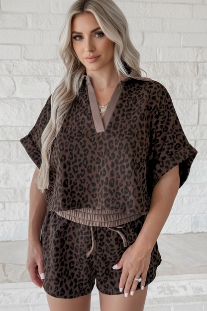 Brown leopard print collared V-neck top and matching shorts set boutique outfit
