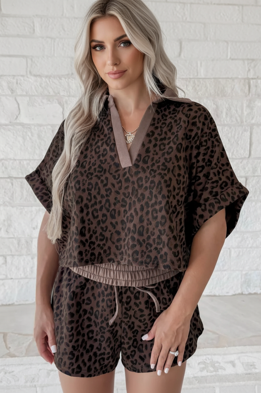 Brown leopard print collared V-neck top and matching shorts set boutique outfit