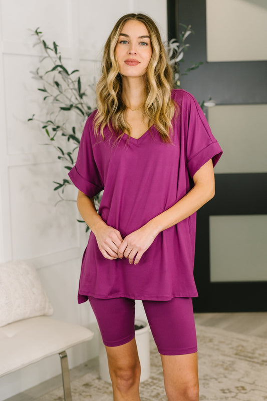 Buttery Soft V-Neck Bike Short Set in Lt Plum