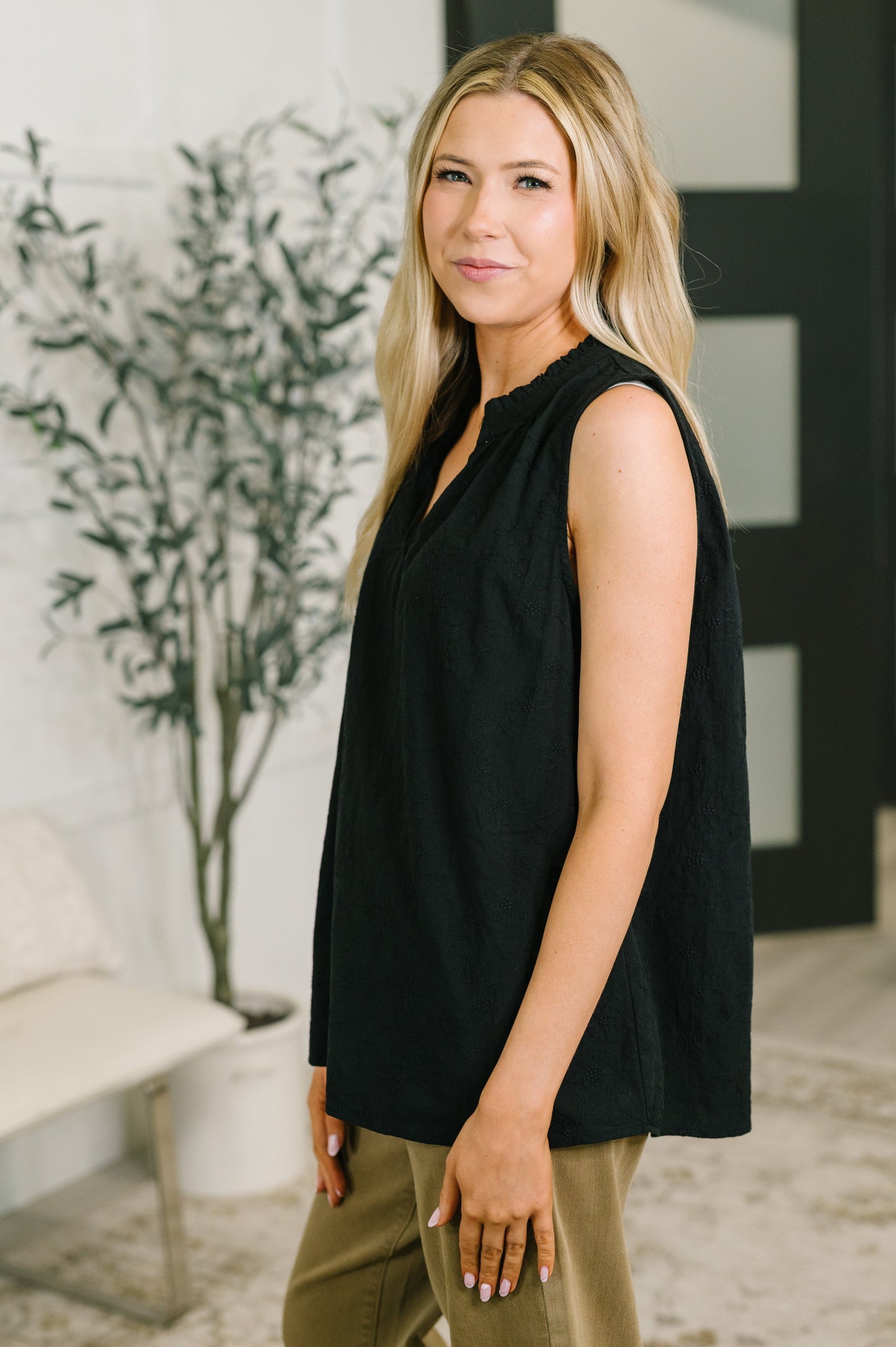 multiple colors Camellia Split Neck Embroidered Tank in Black with floral embroidery, a ruffled split neck, and an easy A-line shape, boutique fashion