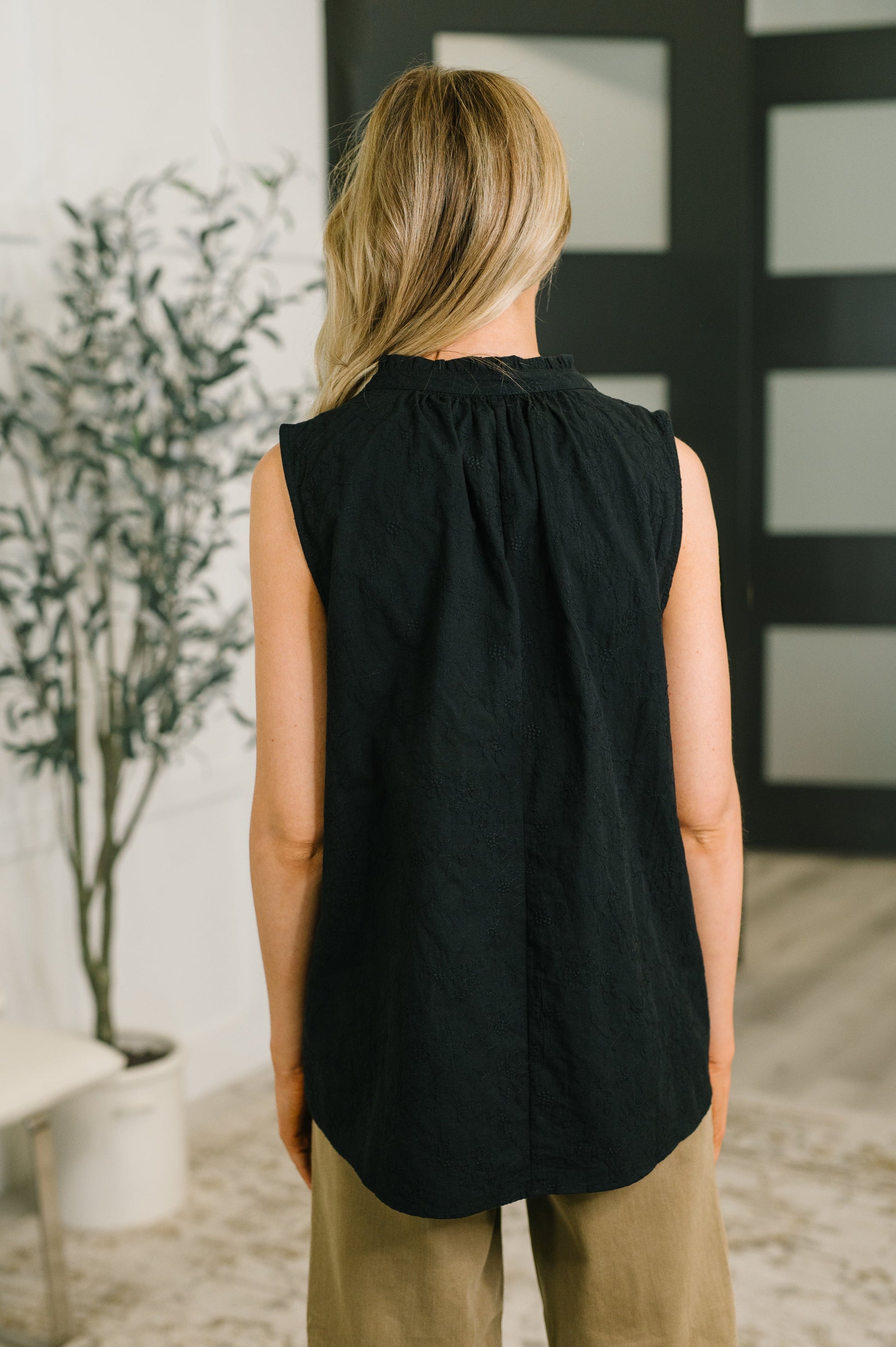 multiple colors Camellia Split Neck Embroidered Tank in Black with floral embroidery, a ruffled split neck, and an easy A-line shape, boutique fashion