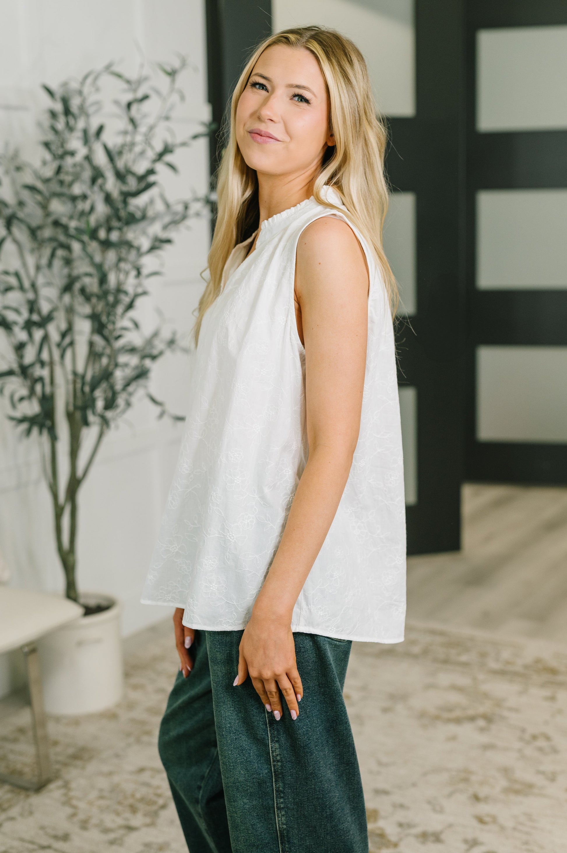multiple colors Camellia Split Neck Embroidered Tank in Off White with floral embroidery, a ruffled split neck, and an easy A-line shape, boutique fashion