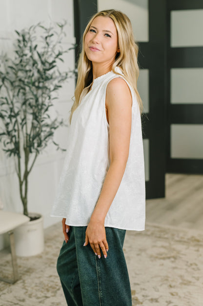multiple colors Camellia Split Neck Embroidered Tank in Off White with floral embroidery, a ruffled split neck, and an easy A-line shape, boutique fashion