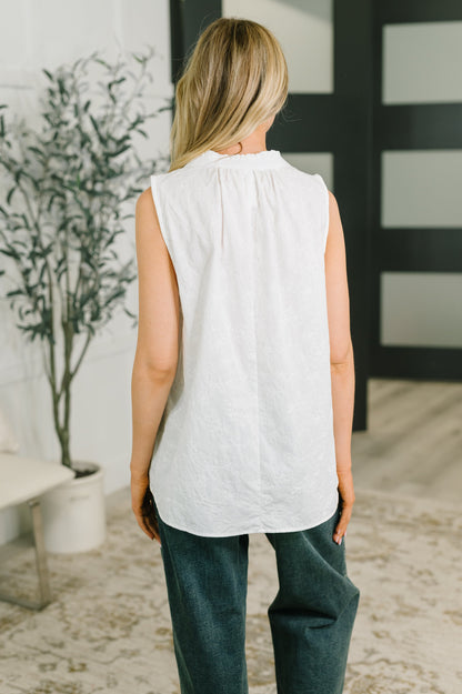 multiple colors Camellia Split Neck Embroidered Tank in Off White with floral embroidery, a ruffled split neck, and an easy A-line shape, boutique fashion