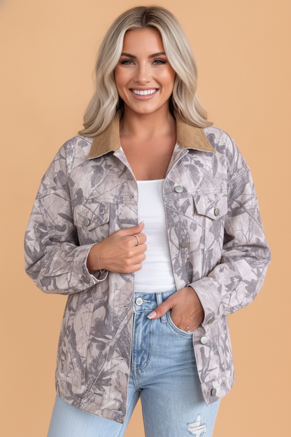 Gray Camo Denim Corduroy Collar Button Front Jacket with camo print and corduroy trim women's boutique fashion