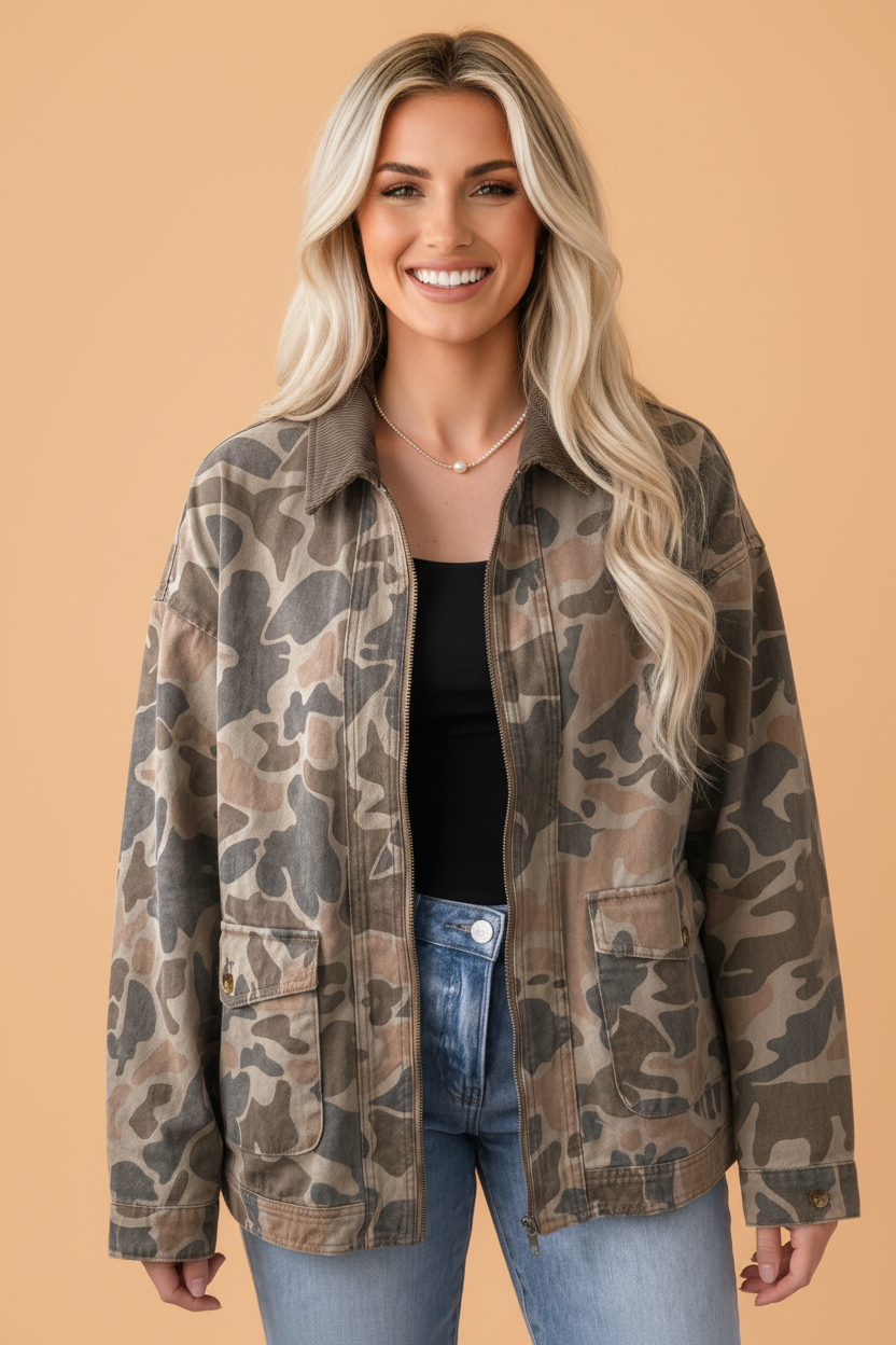 Camo Denim Corduroy Contrast Collar Zip Up Jacket in Multicolour