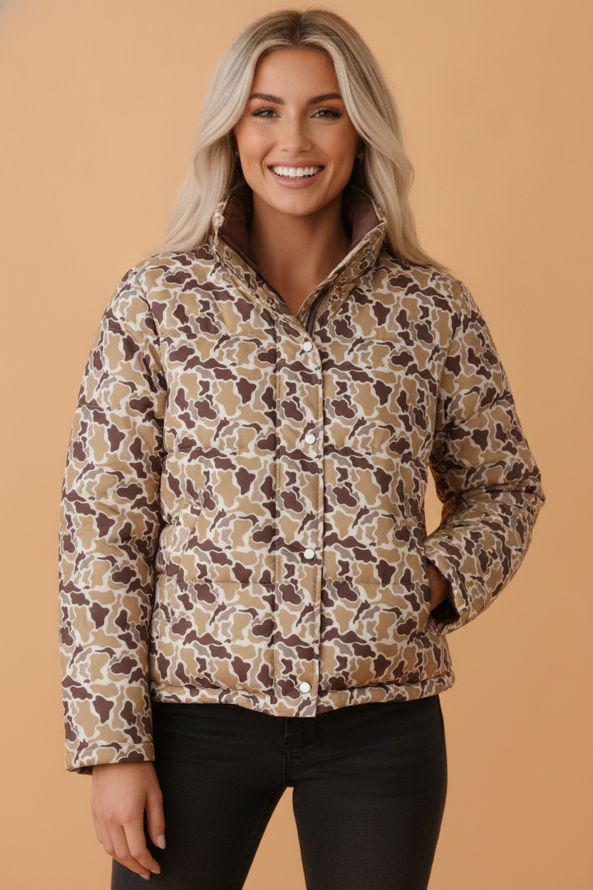 multicolor camo quilted button collar long sleeve boutique puffer coat