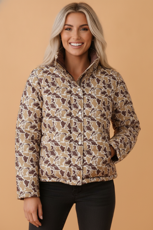multicolor camo quilted button collar long sleeve boutique puffer coat