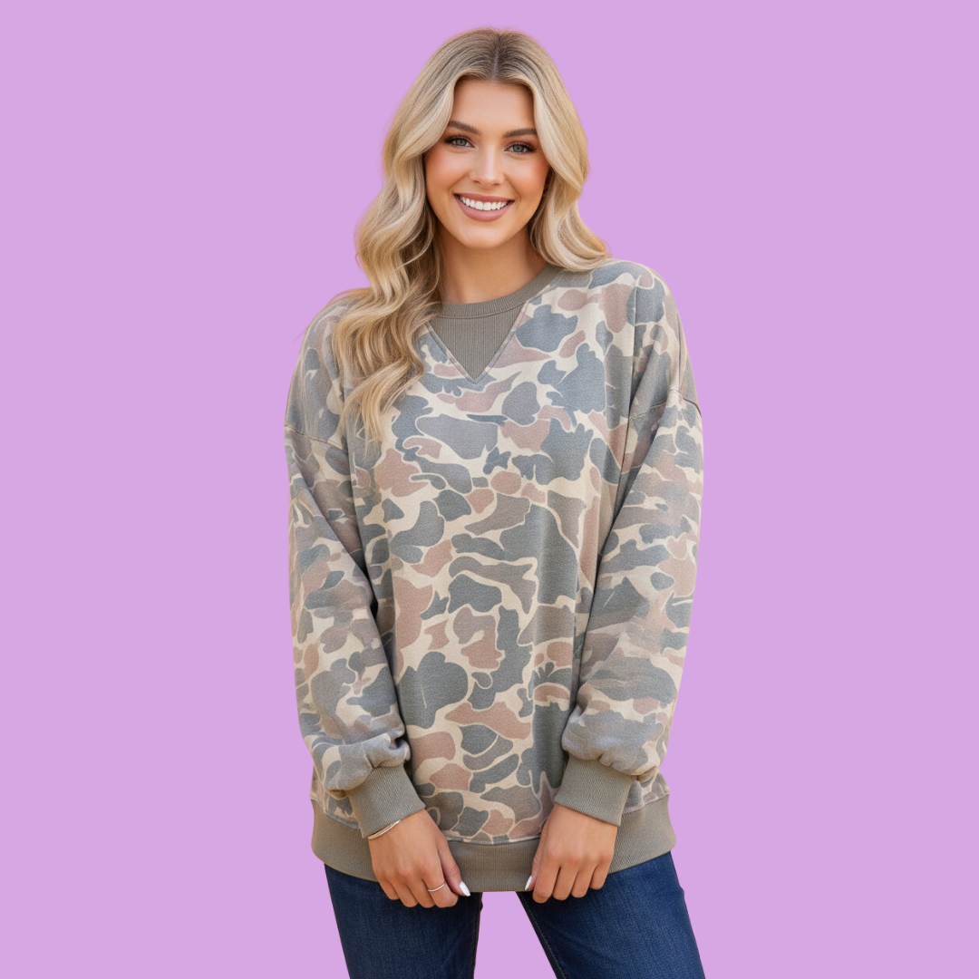 Camo Ribbed Trim Crew Neck Sweatshirt