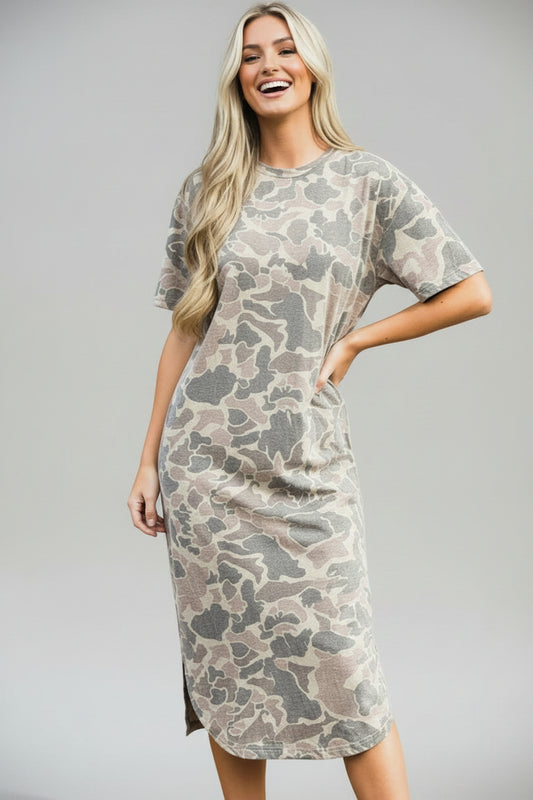 Camo Short Sleeve Drop Shoulder Side Slit Dress