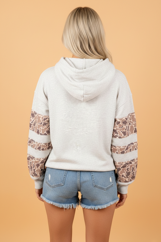 Light Grey Grey Camo Patchwork Sleeve Hoodie with bold camo sleeves, ribbed trim, and an easy relaxed fit, boutique fashion