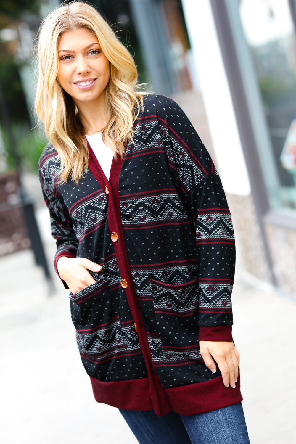 Burgundy Holiday Print Button Cardigan