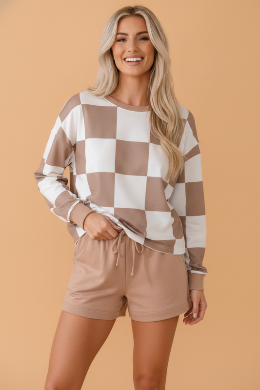 Khaki Checker Long Sleeve Top & Drawstring Shorts Set featuring boutique-style details and relaxed everyday fit